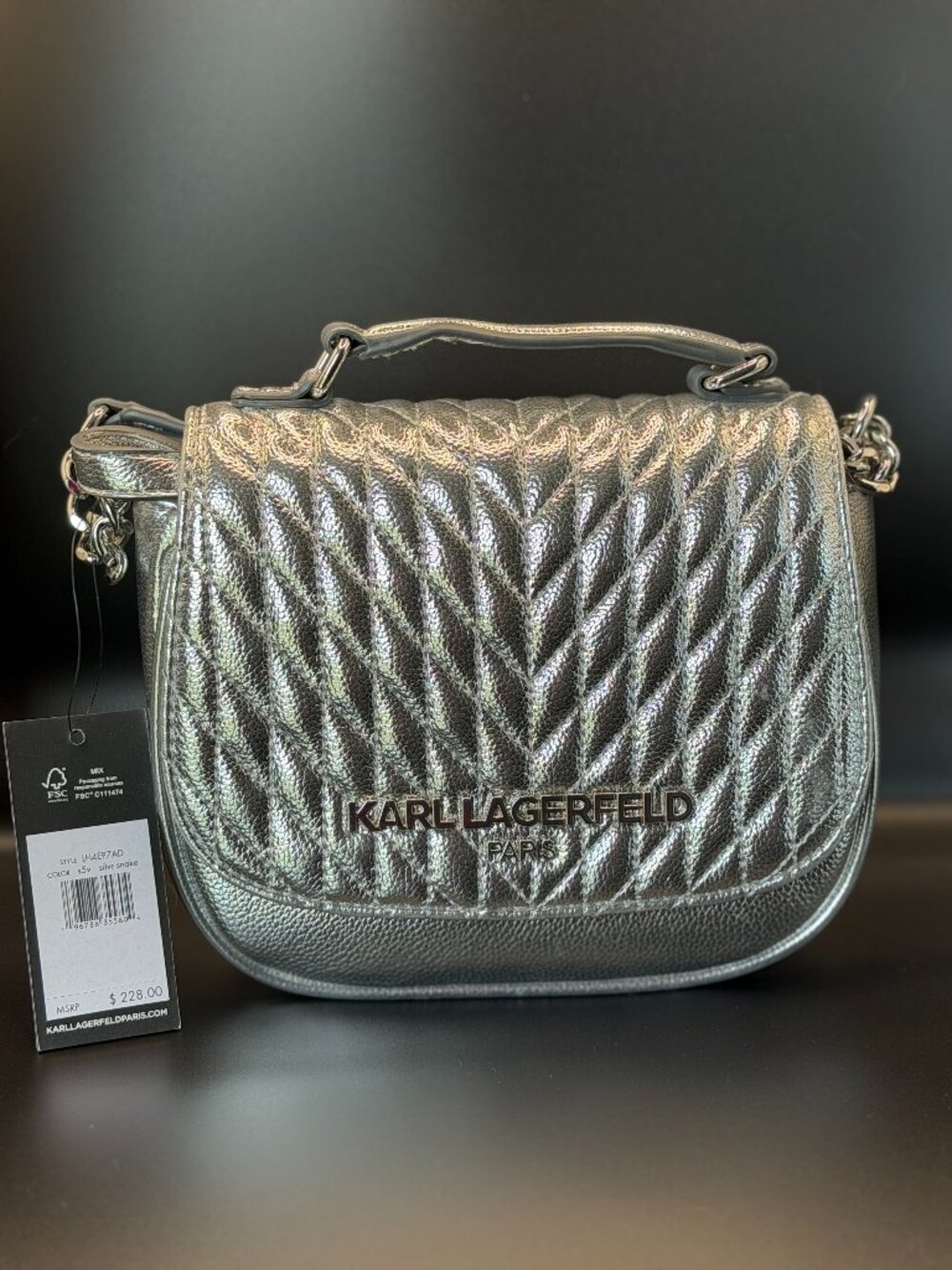 KARL LAGERFELD PARIS SILVER QUILTED SADDLE TOP HANDLE CROSSBODY BAG NWT
